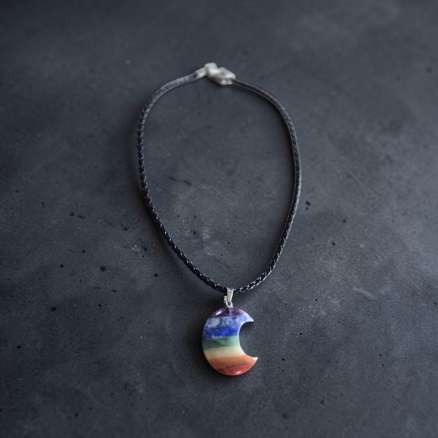 Rainbow Crescent Moon on Braided Leather Necklace