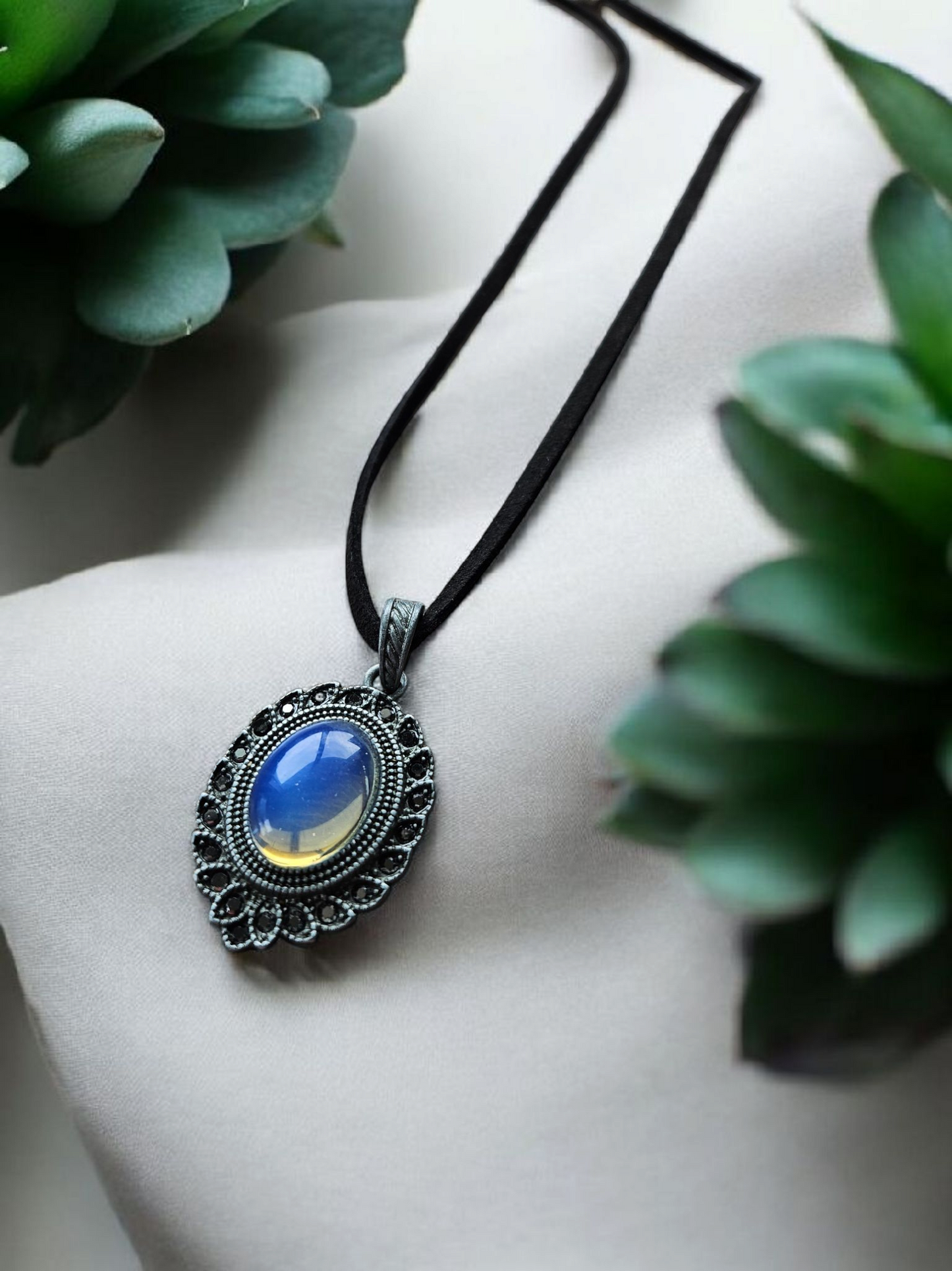 Moonstone Shimmer Pendant on Black Leather Necklace