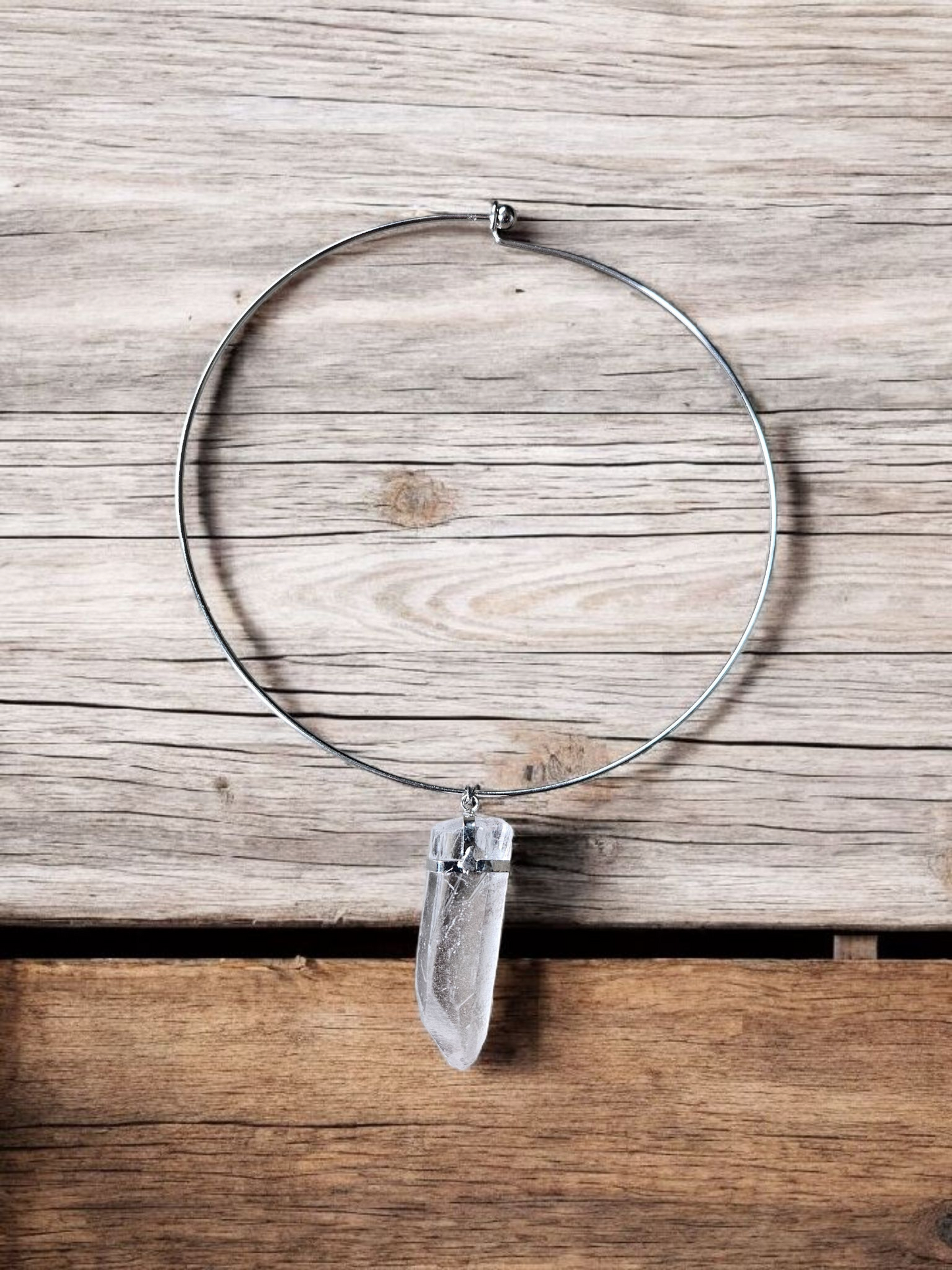 Clear Quartz Crystal on Silver Hoop Necklace