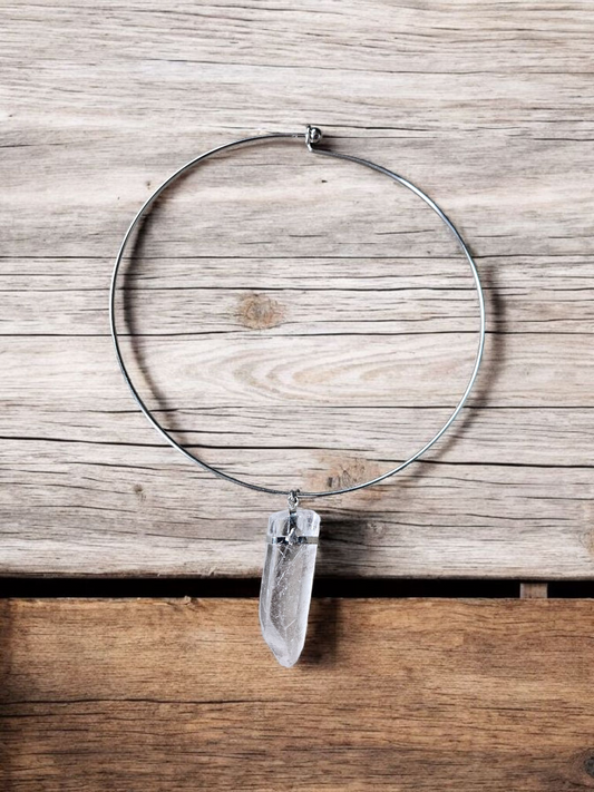 Clear Quartz Crystal on Silver Hoop Necklace