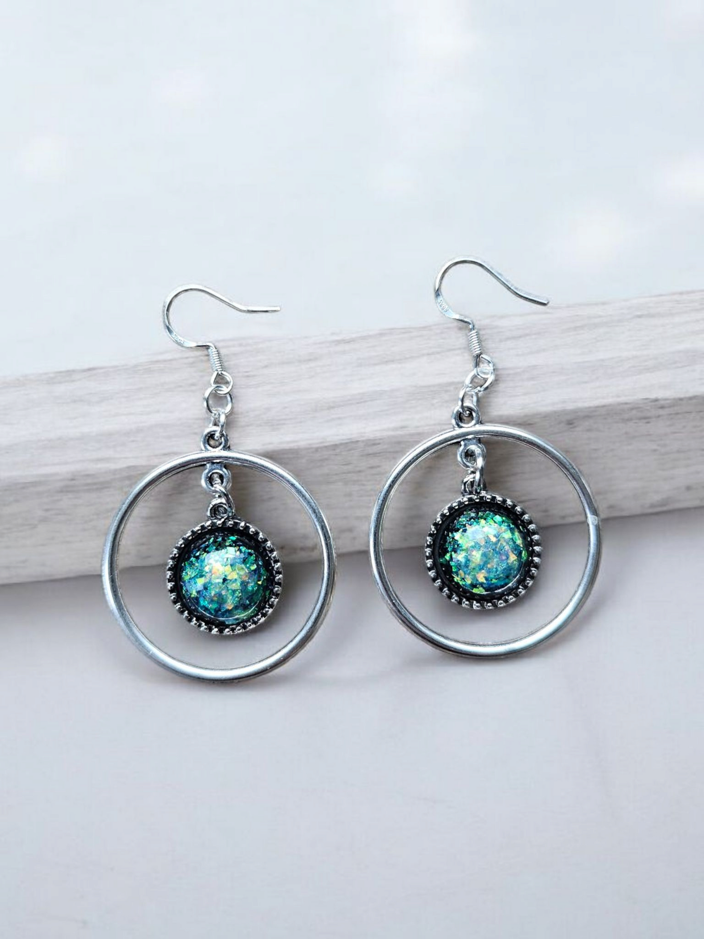 Silver Circles with Holographic Drops Dangle Earrings