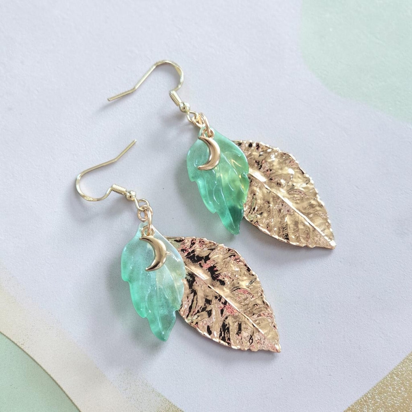 Golden and Green Leaves Dangle Earrings