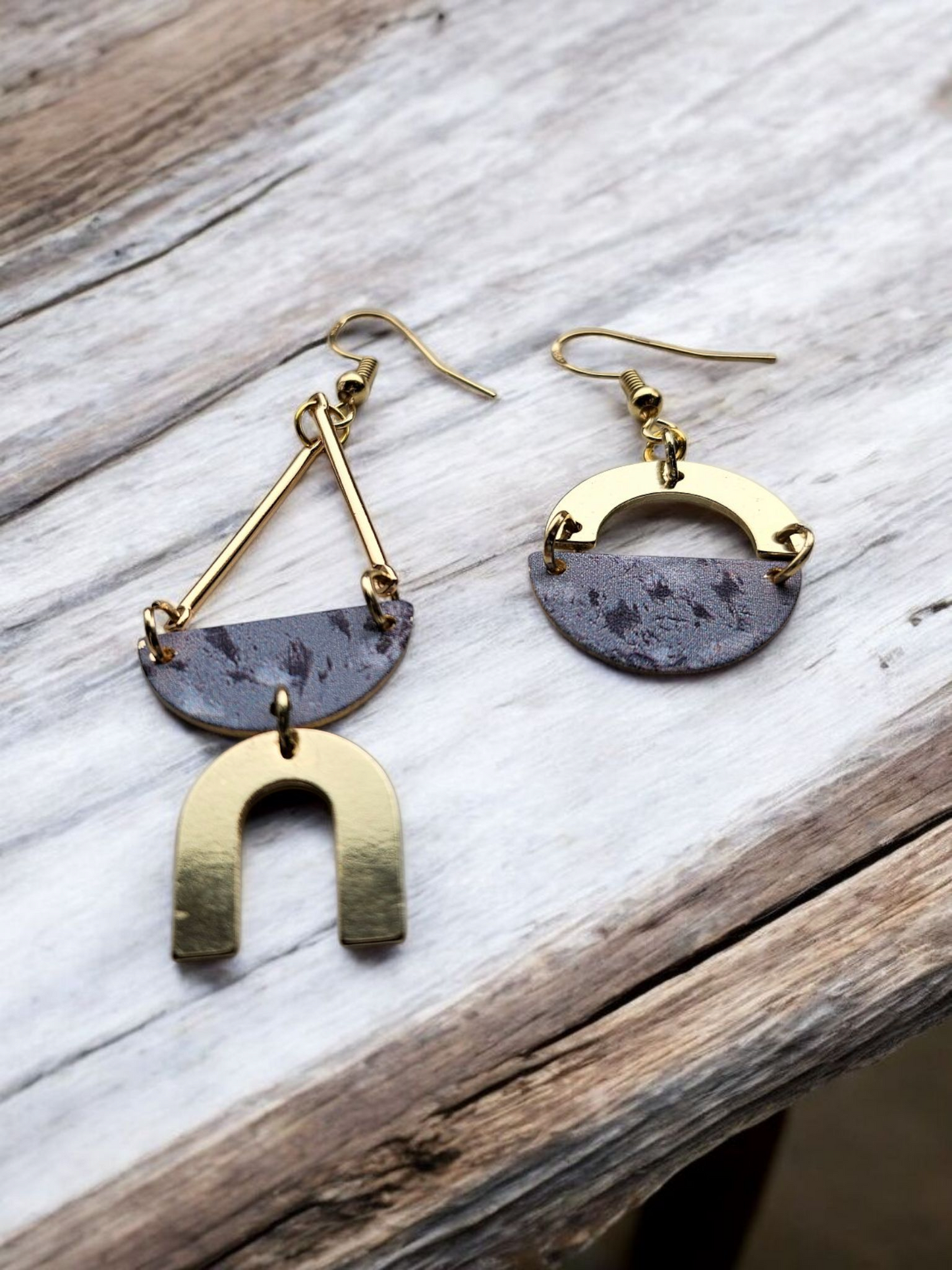 Asymmetrical Vintage Floral and Gold Geometric Dangle Earrings