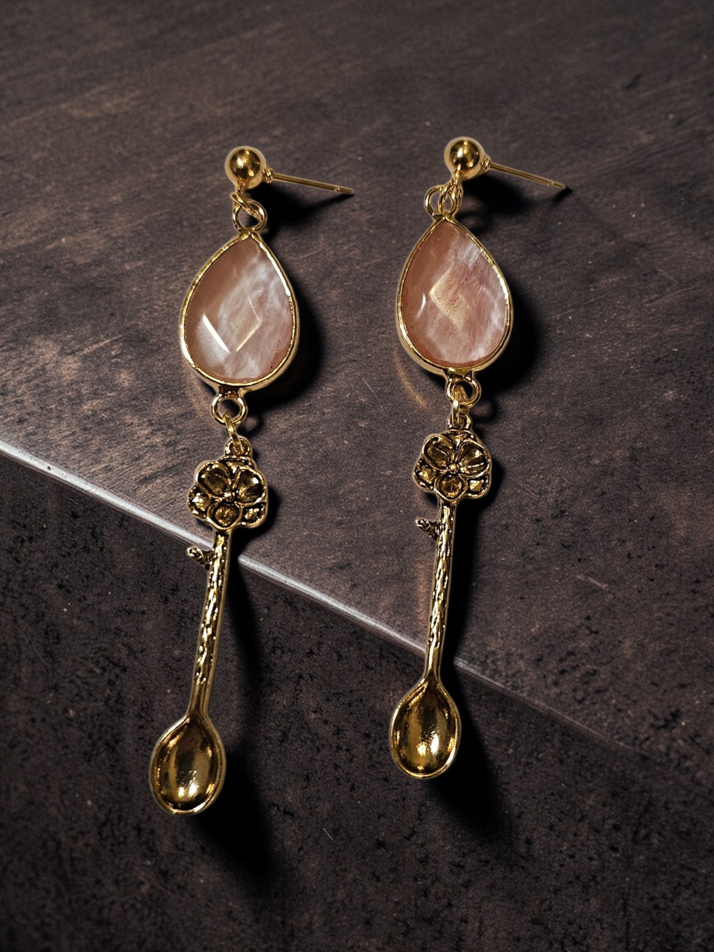 Pink Rutilated Quartz Teardrops with Golden Spoons Dangle Earrings
