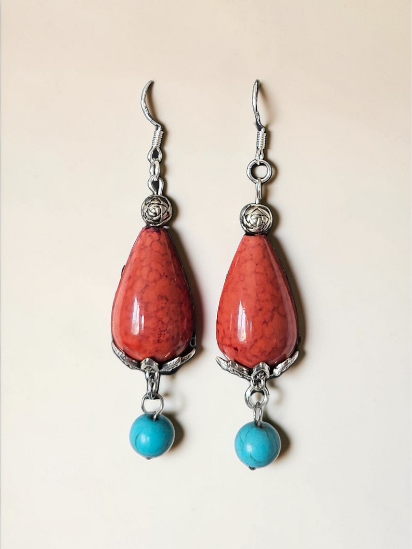 Upcycled Marbled Orange Teardrop Beads with Turquoise Dangles and Silver Accents Dangle Earrings