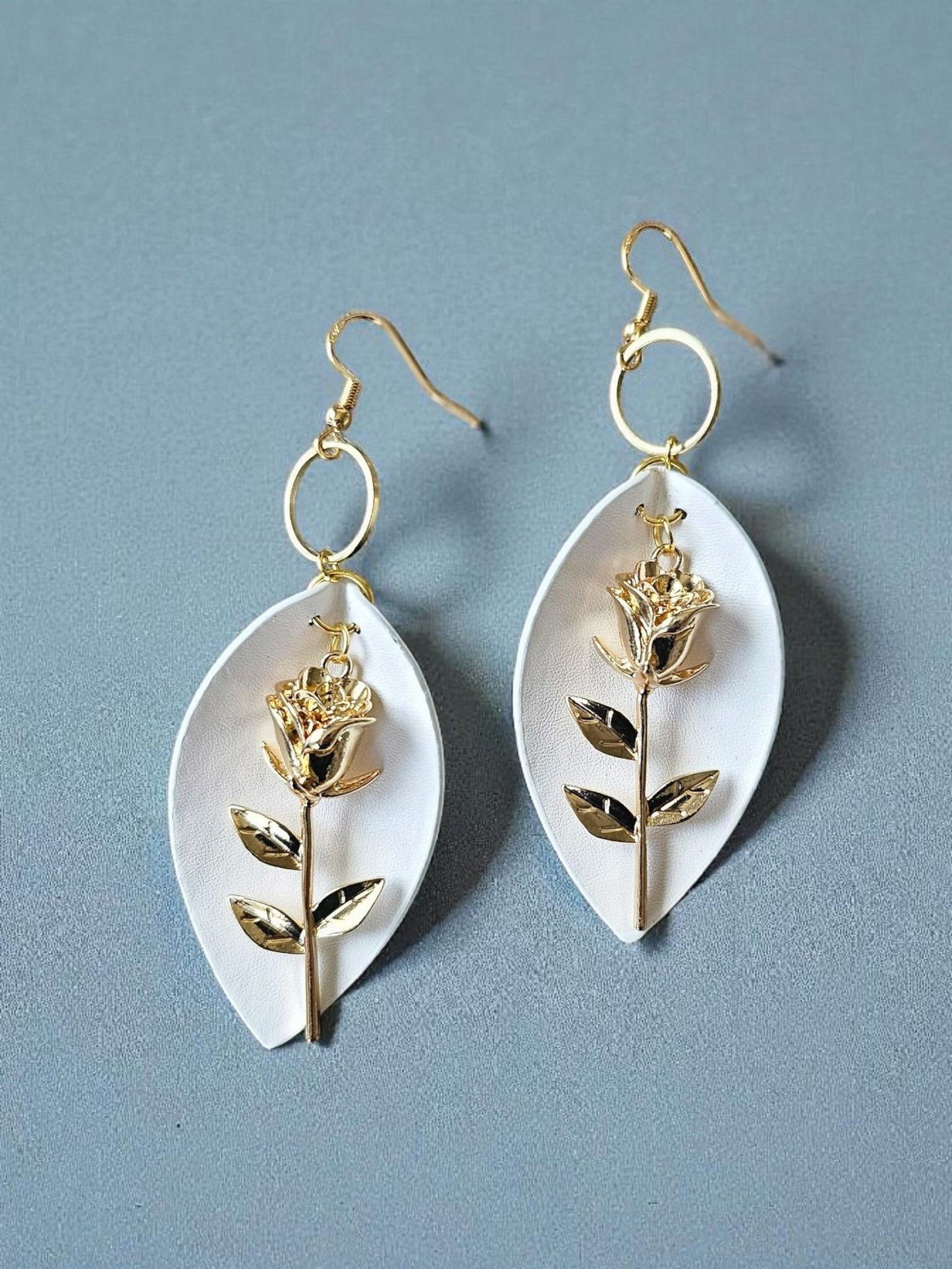 Upcycled Golden Rose Earrings with Gold Circles and White Leather Dangle Earrings