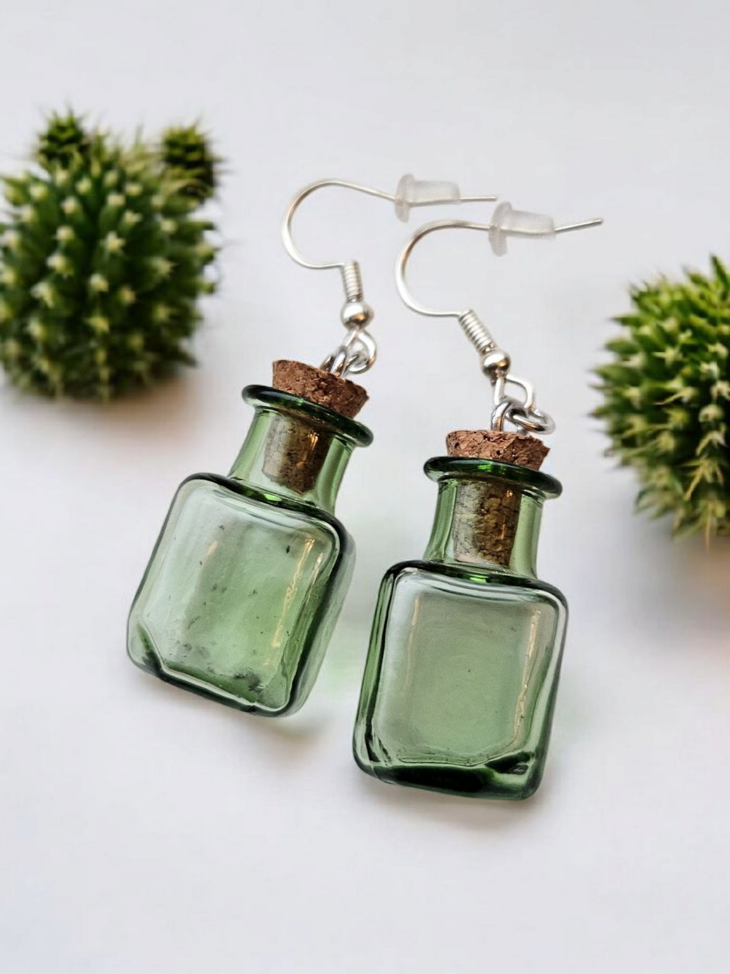 Green Translucent Cork Jar Dangle Earrings