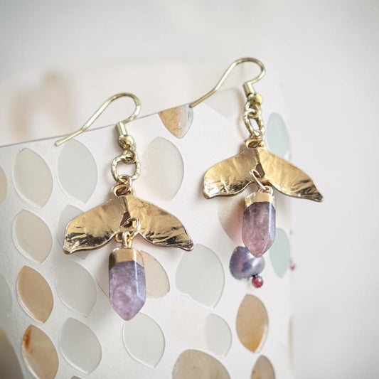 Golden Leaf and Amethyst Crystal Point Dangle Earrings
