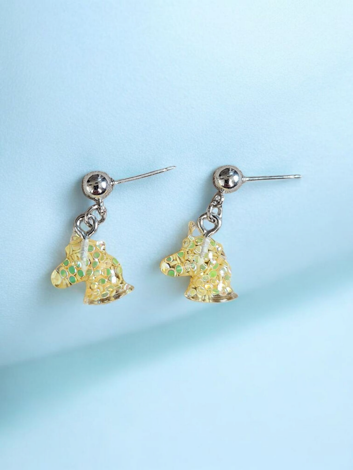 Yellow Glitter Unicorn Stud Dangle Earrings
