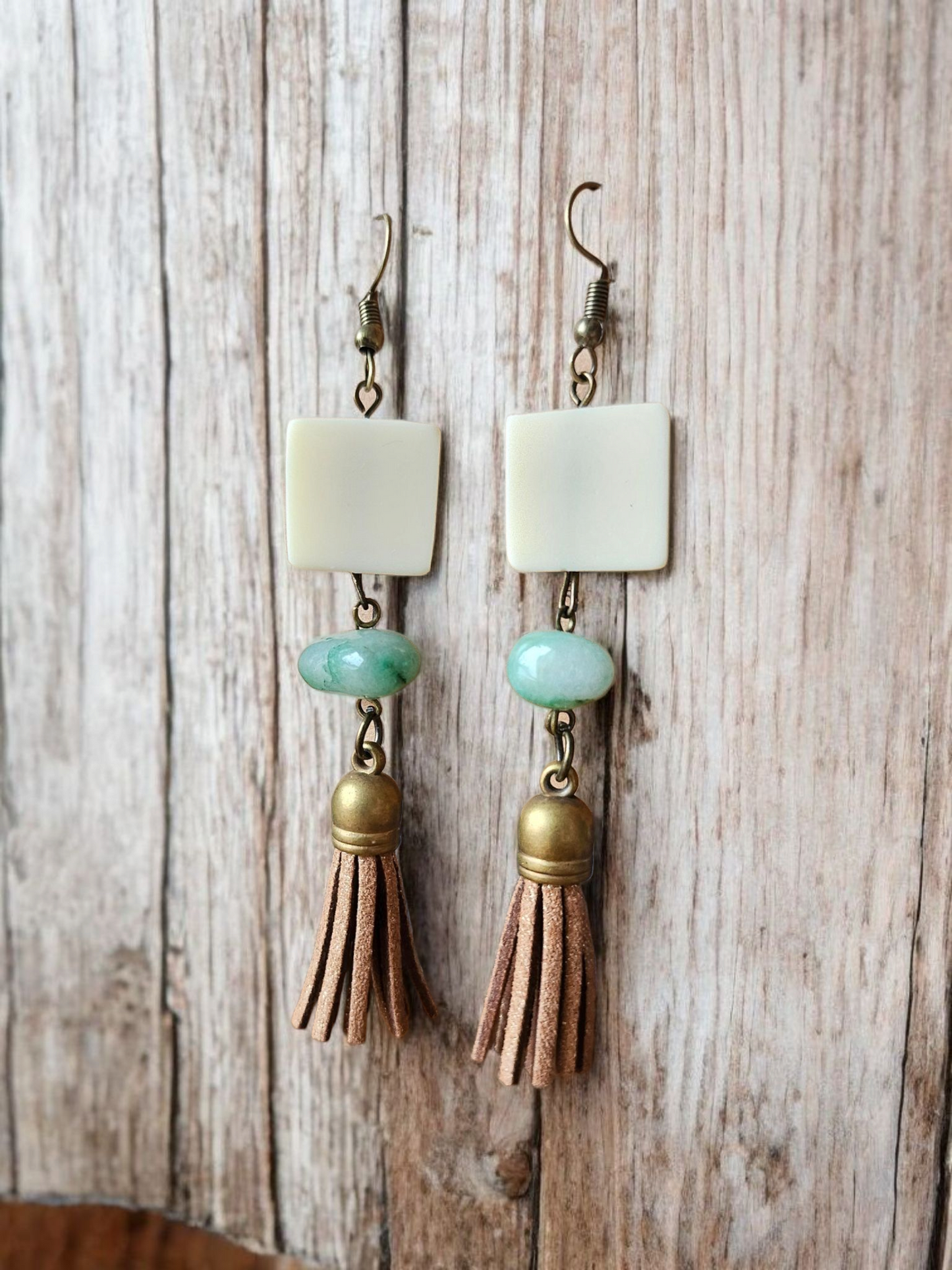 Upcycled White Wood and Brown Shimmer Tassles with Teal Accent Dangle Earrings