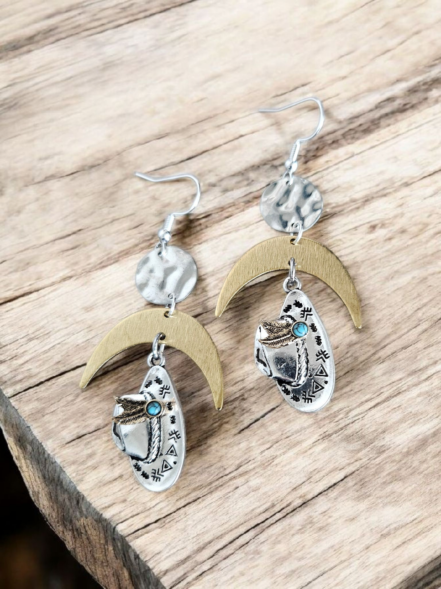 Silver, Teal, and Gold Crescent Moon Cowboy Hat Dangle Earrings