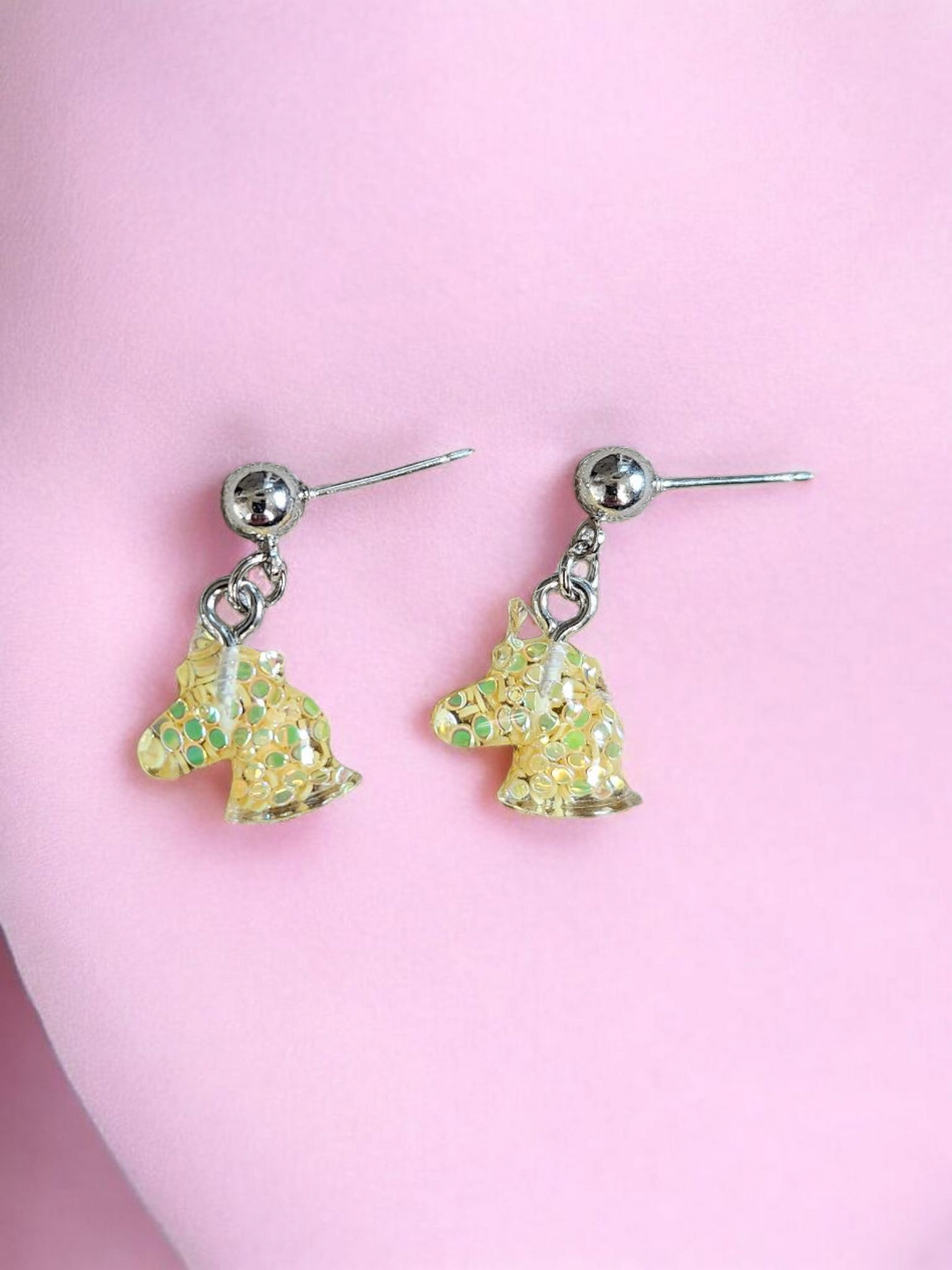 Yellow Glitter Unicorn Stud Dangle Earrings
