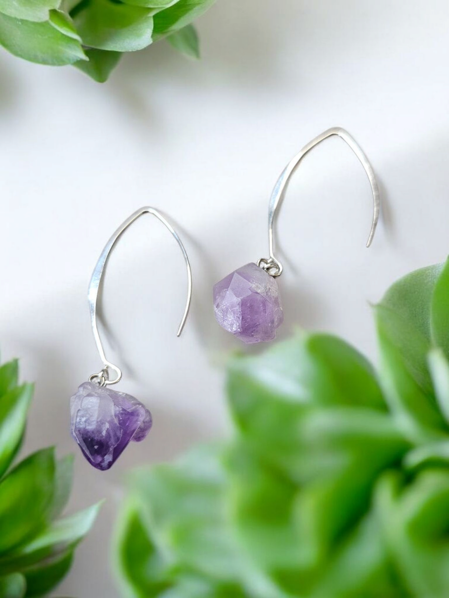 Genuine Amethyst Crystals on Silver V-Hook Earrings