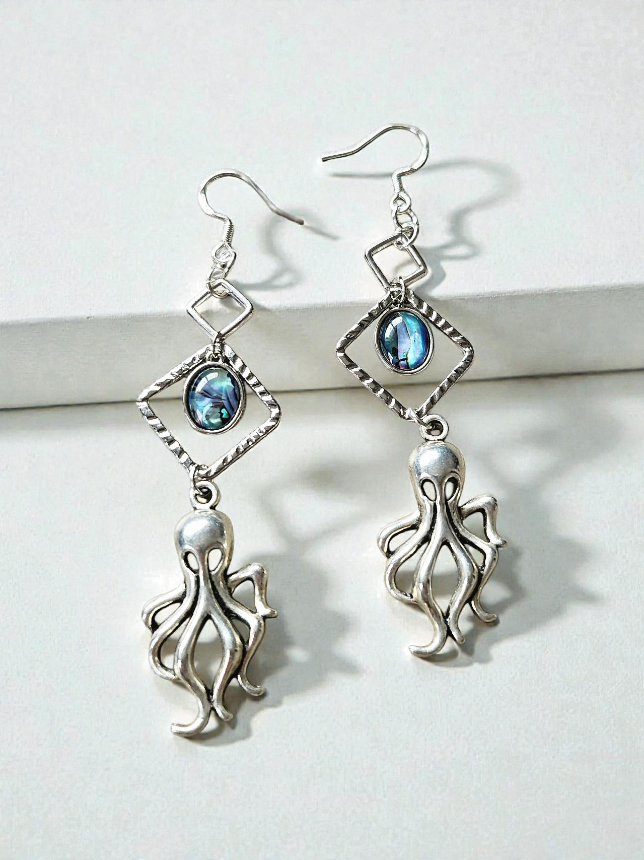 Geometric Silvery Octopus Dangle Earrings with Abalone Accent Charms