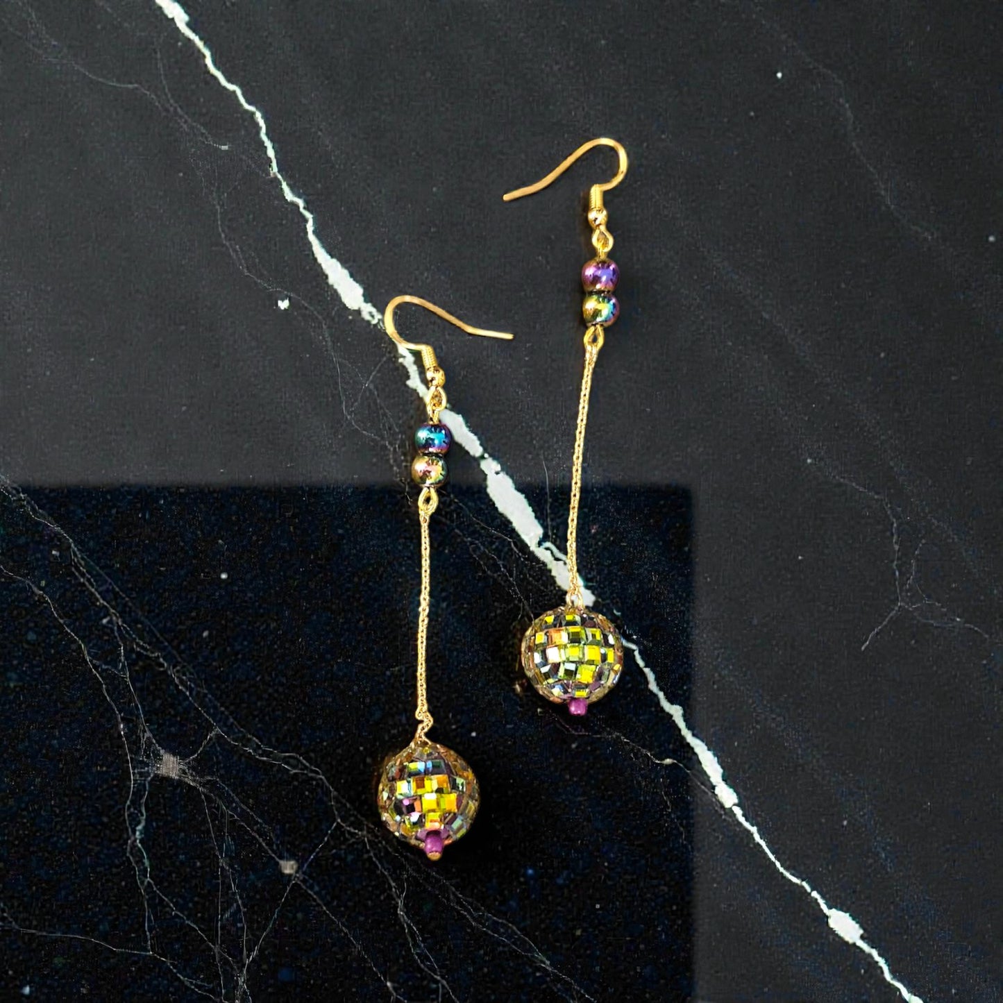 Disco Balls on a Chaim Glimmering Long Dangle Earrings