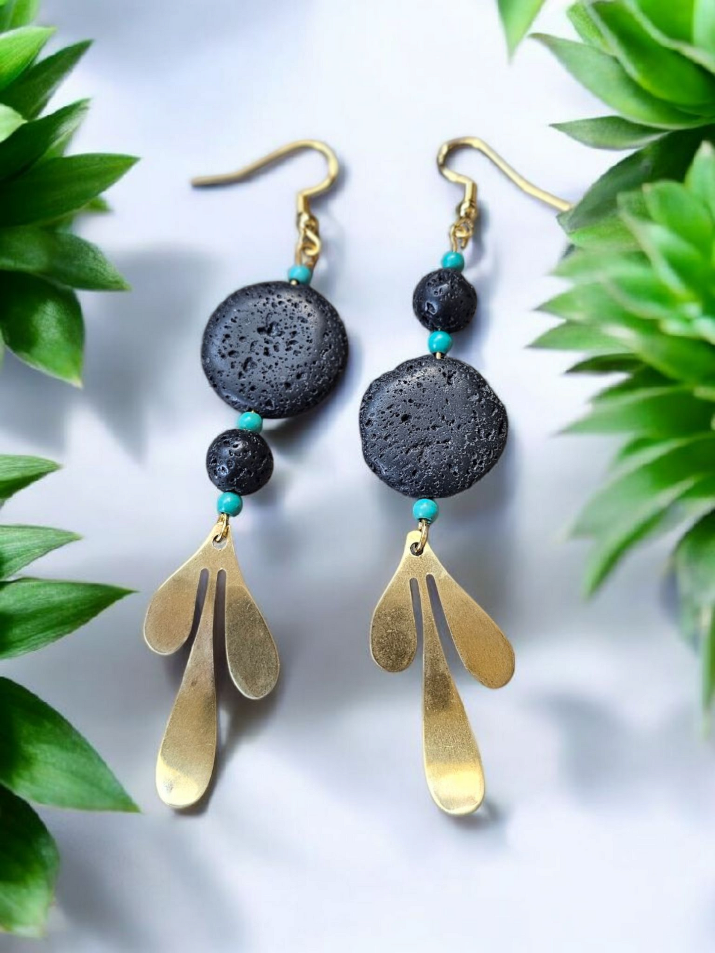 Upcycled Lava Stone and Brass Charm Dangle Earrings