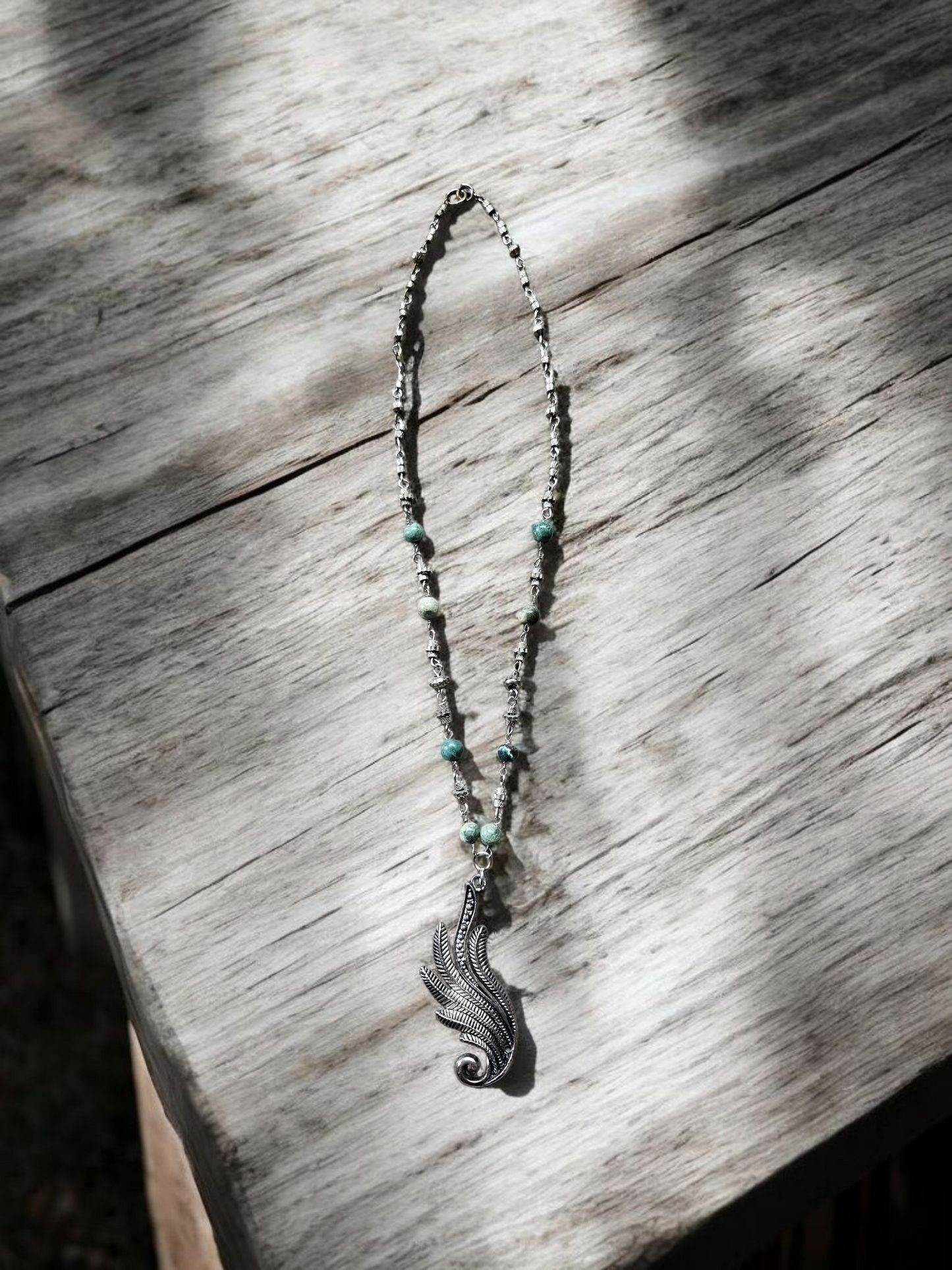 Upcycled Olive and Silver Necklace with Abstract Leaf Pendant