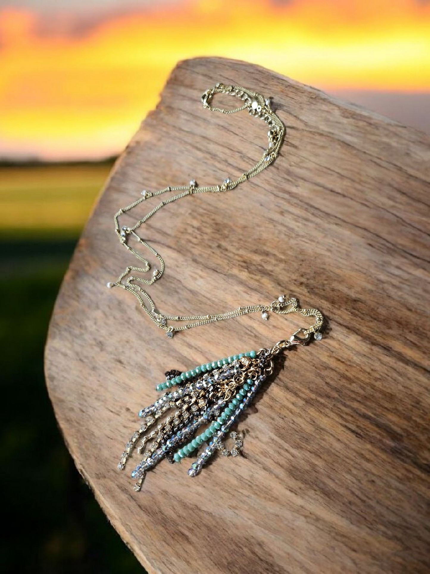 Multicolor Teal Glimmer Tassles on Long Shimmer Studded Gold Necklace