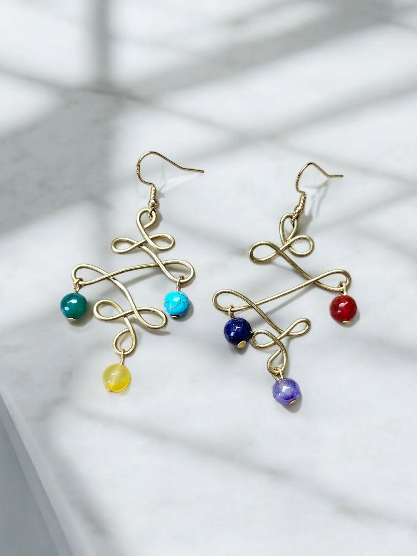 Upcycled Chakra Bead on Gold Knot Dangle Earrings