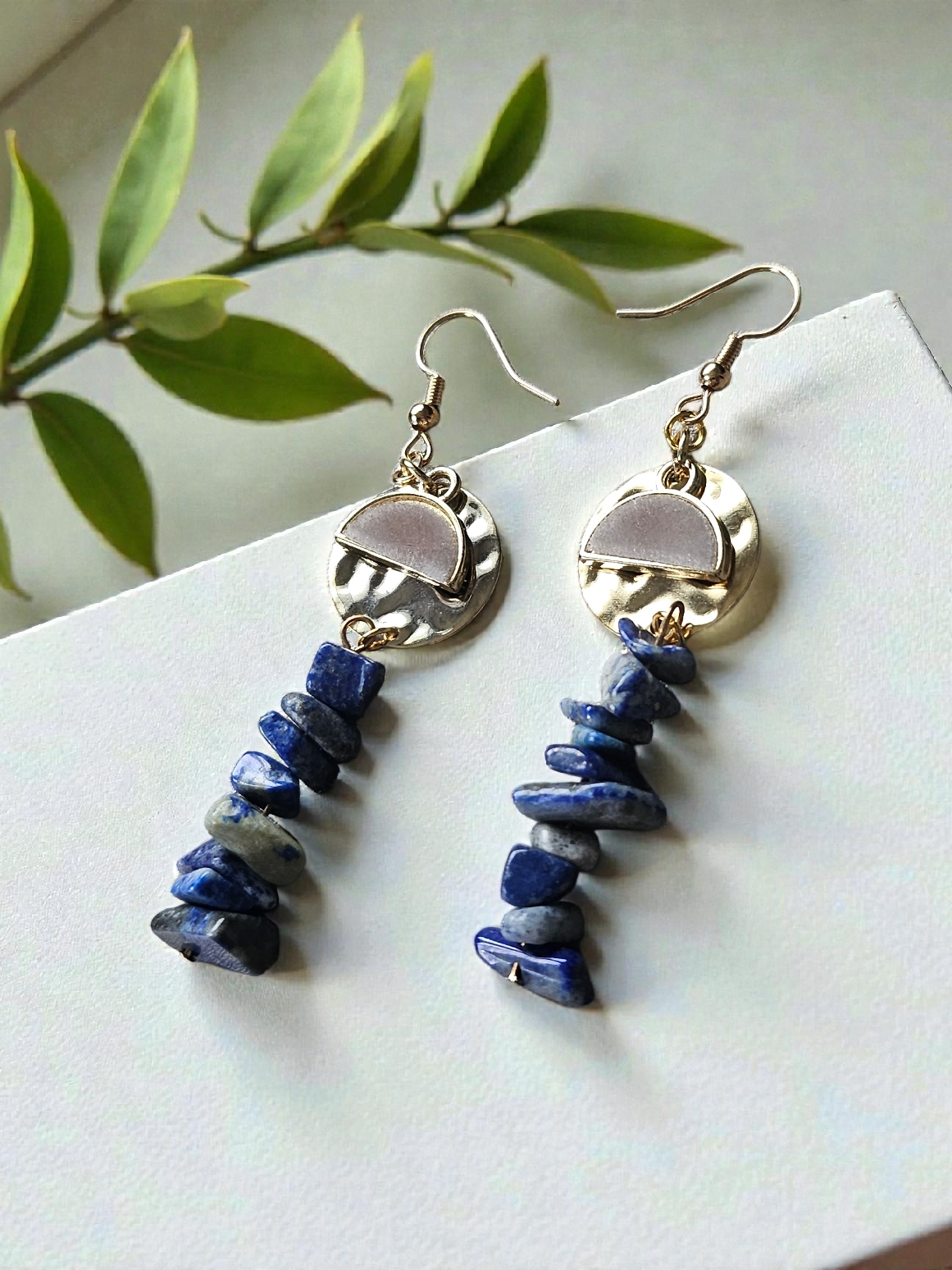Stacked Lapis Lazuli Stones on Golden Circles and Gray Felt Charms Dangle Earrings