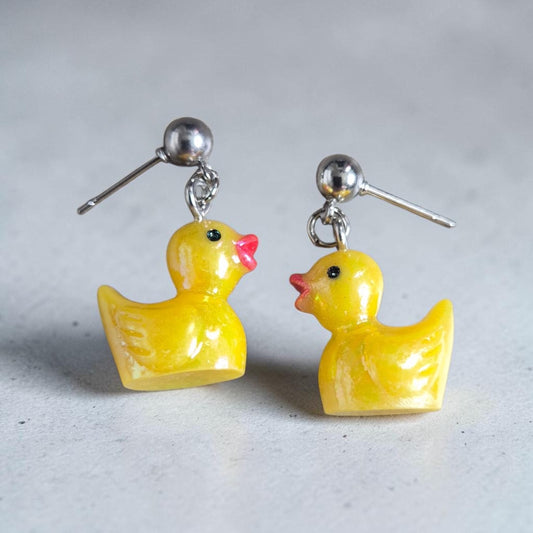 Yellow Rubber Ducky Resin Dangle Earrings on Silver Studs