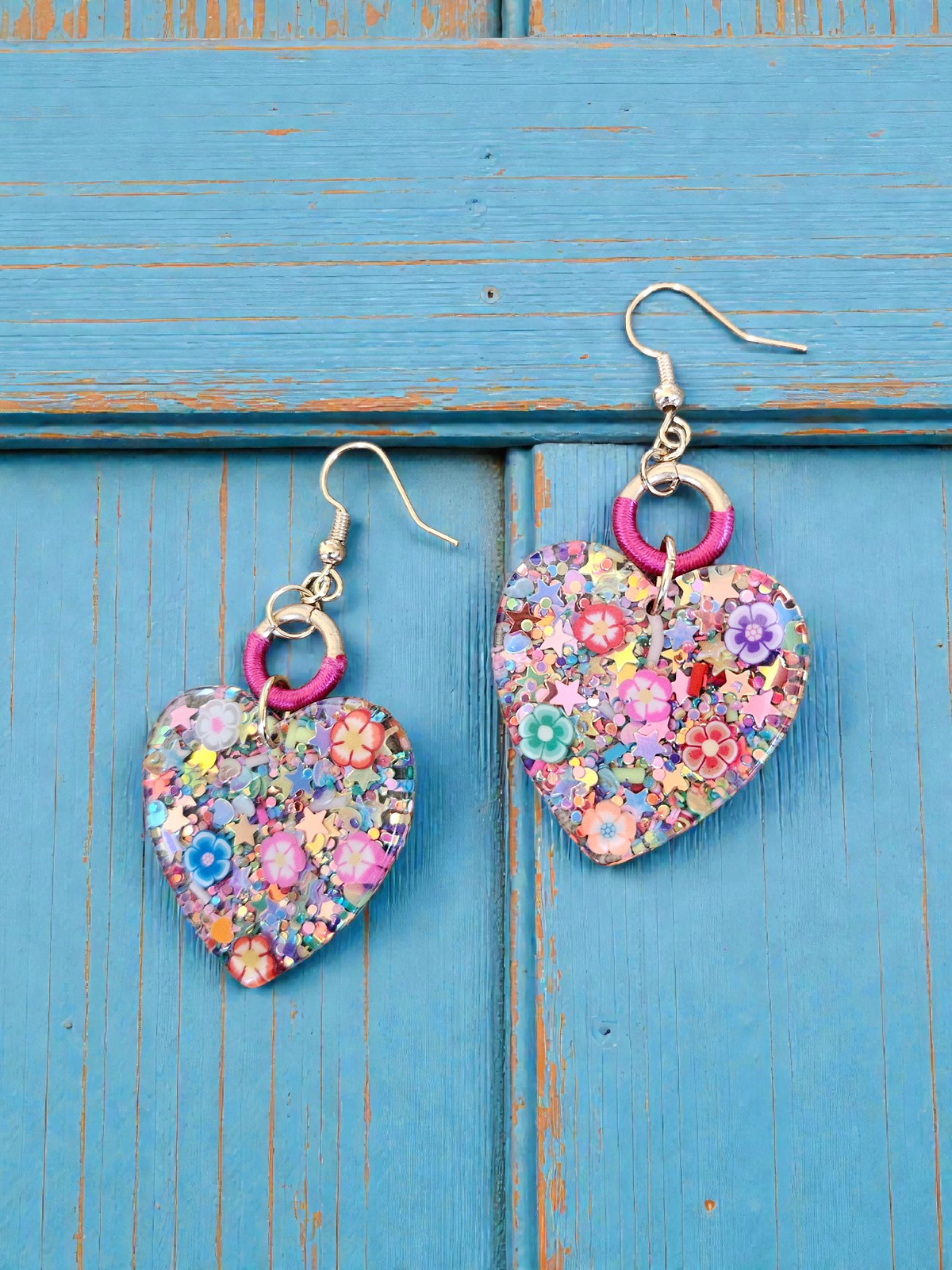 Upcycled Shimmering Confetti Resin Hearts Dangle Earrings