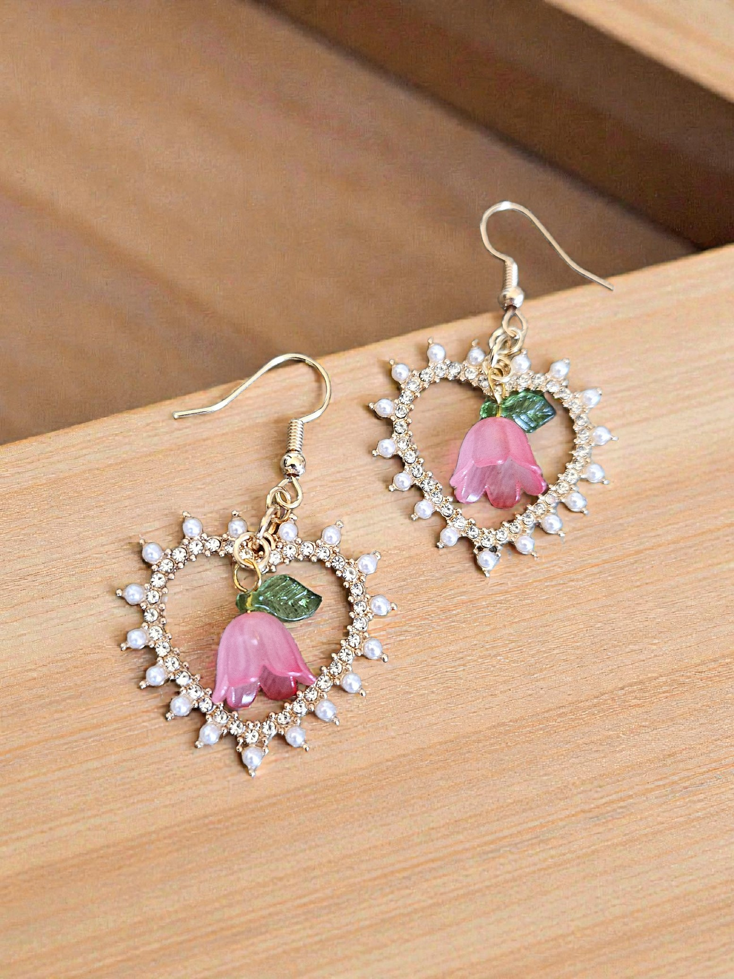 Shimmering Hearts and Pink Flower Charms Dangle Earrings