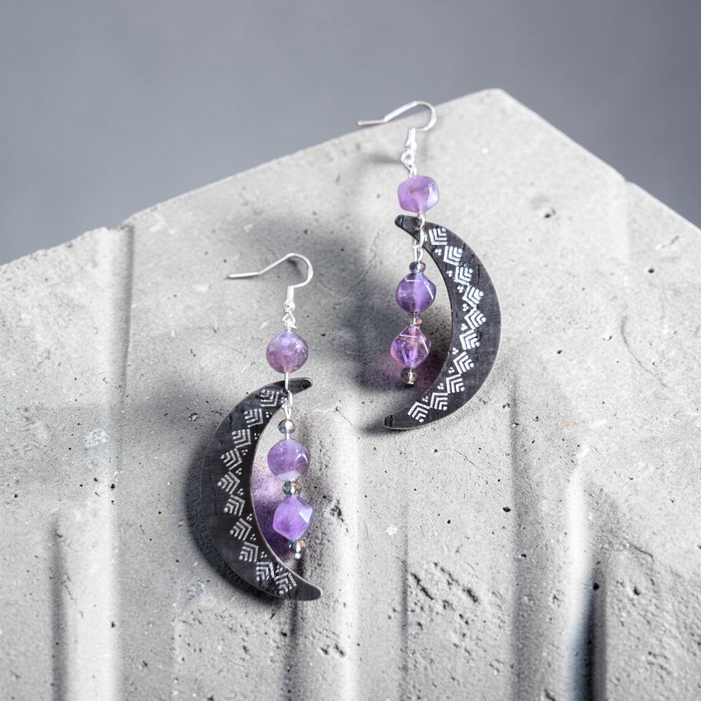 Crescent Moons and Amethyst Bead Upcycled Dangle Earrings