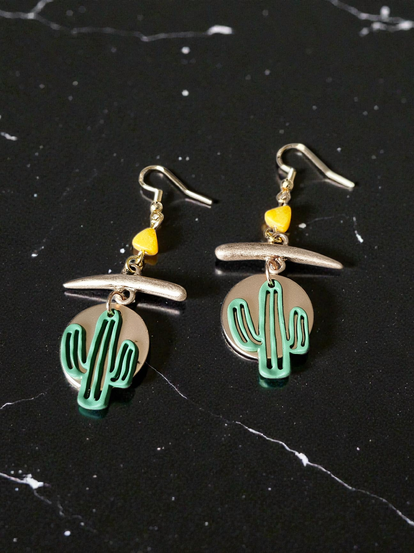 Upcycled Golden Abstract Dangles with Green Cactus Charm Earrings