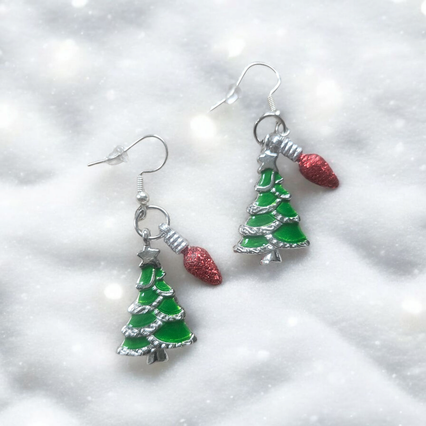 Silver and Green Christmas Tree with Sparkling Red Christmas Light Accents Dangle Earrings