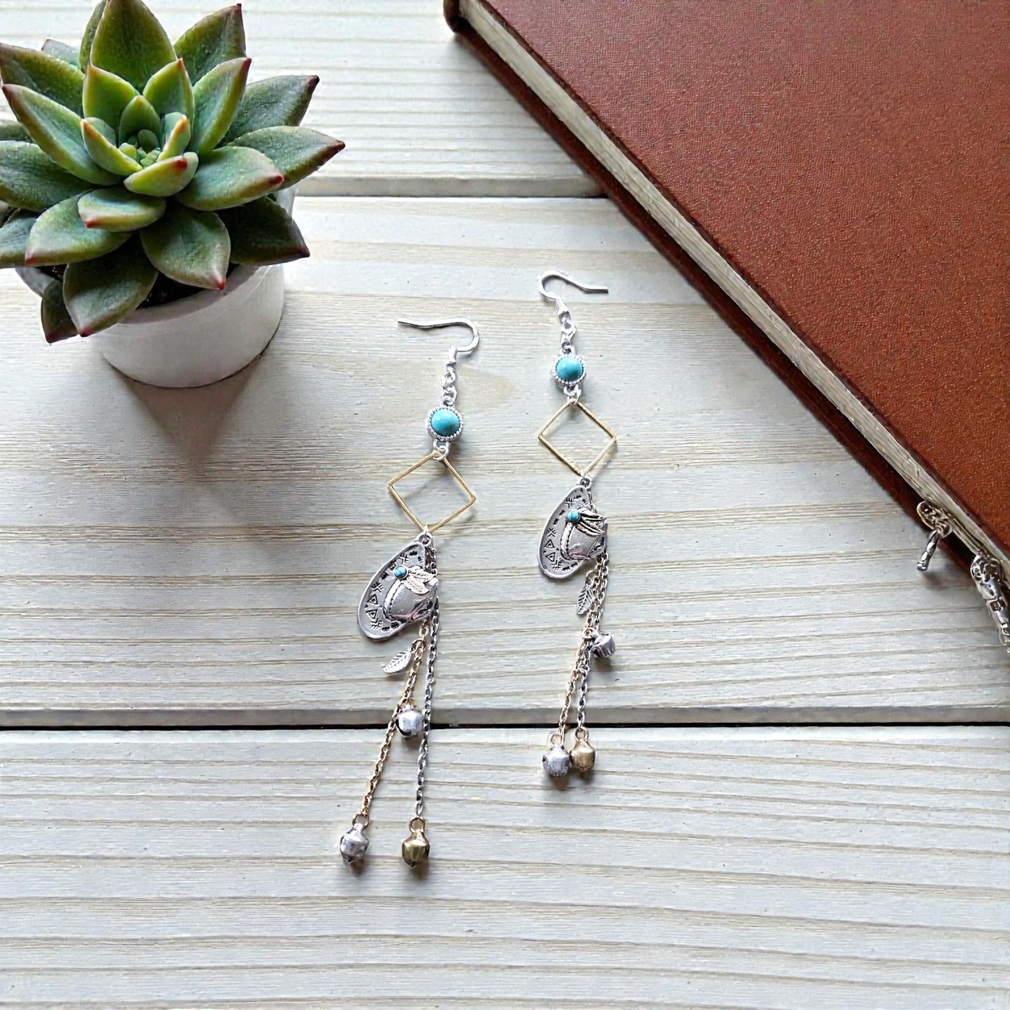 Upcycled Geometric Cowboy Hat Dangles with Metal Bell Tassles and Golden Squares Dangle Earrings
