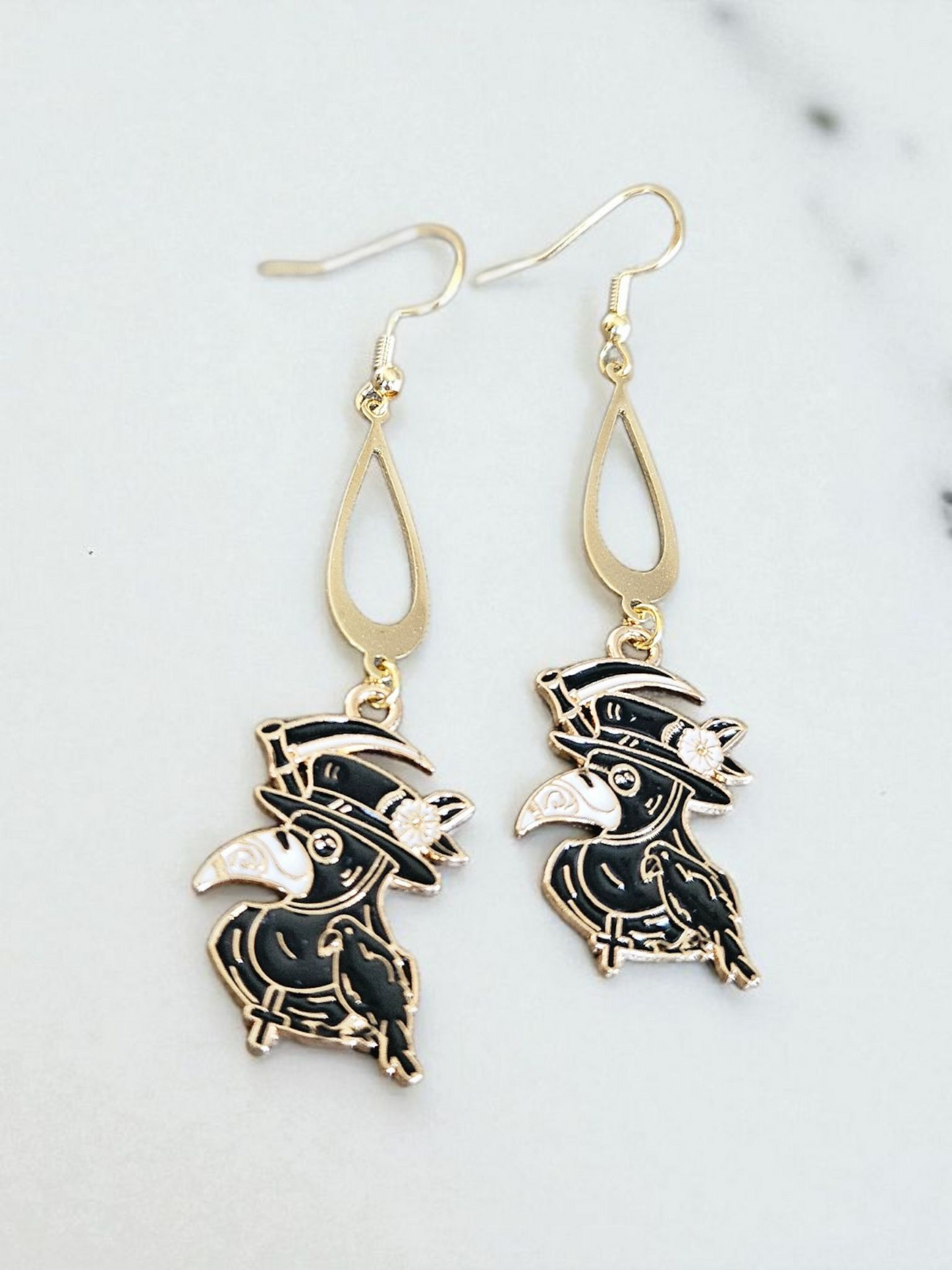 Plague Doctor Black And Gold Dangle Earrings Gothic Jewelry Accessory For Steampunk Style And Vintage Outfits