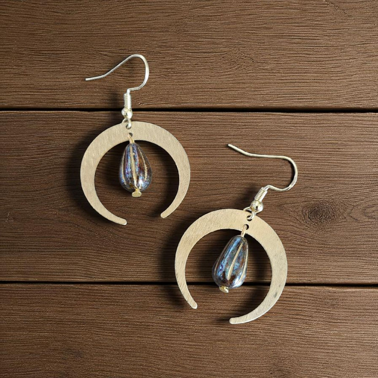 Gold Crescent Moon with Teardrop Bead Dangle Earrings