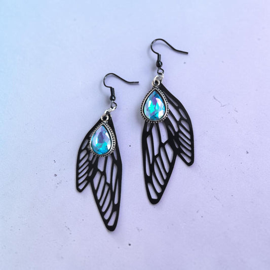 Black Moth Wings with Iridescent Gems Dangle Earrings