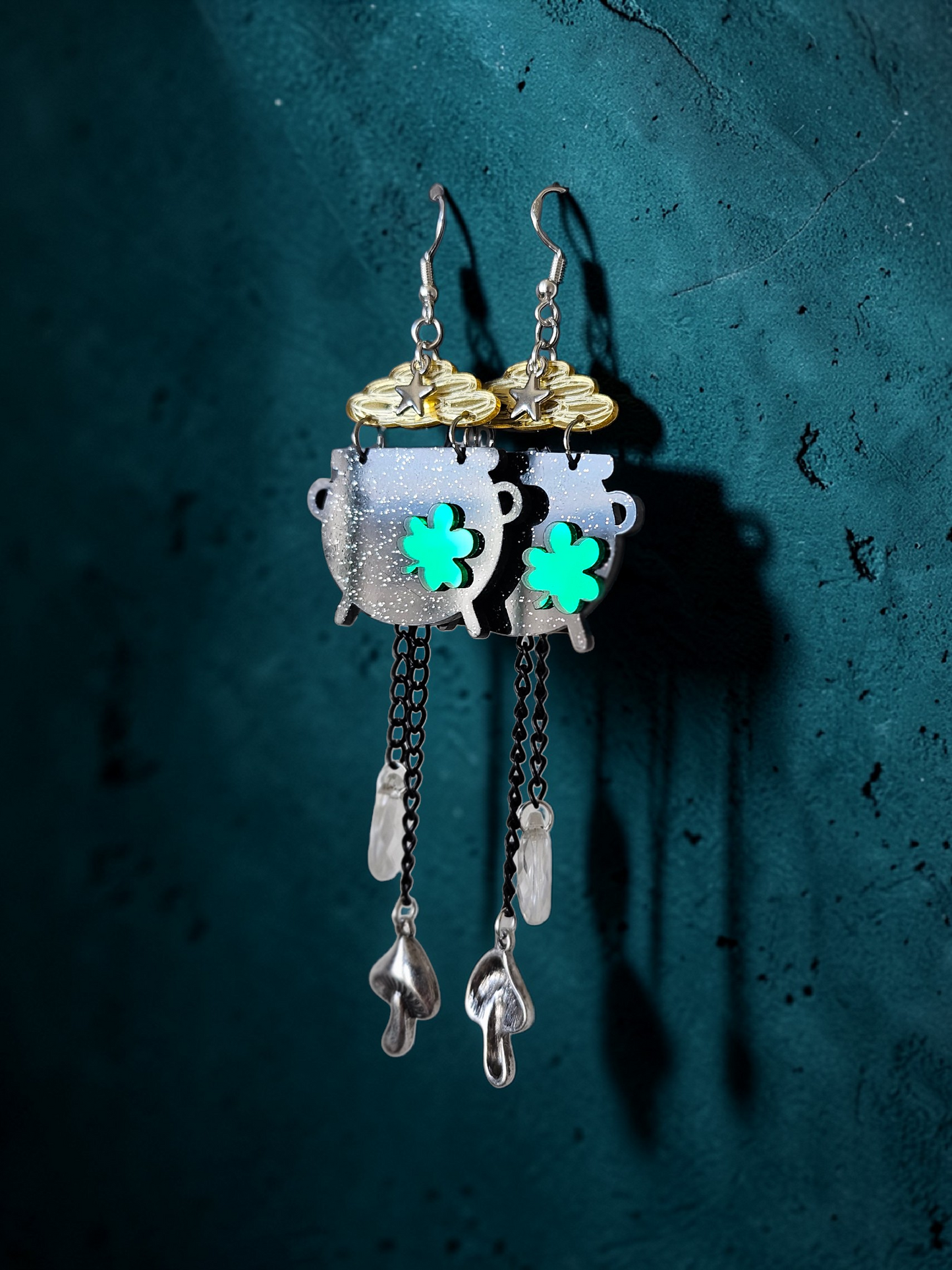 Upcycled Black Pot o' Gold St. Patrick's Day Earrings with Long Dangle Charms