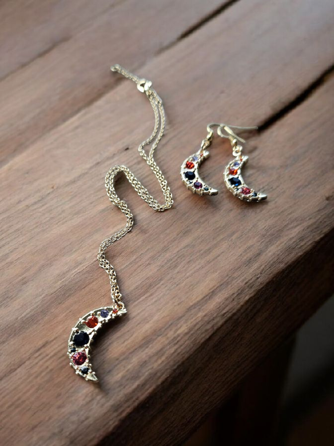 Glimmer Moons on Gold Earrings and Necklace Set