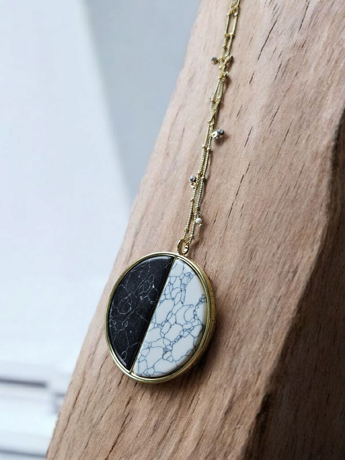 Black and White Marble Yin and Yang Long Shimmer Necklace