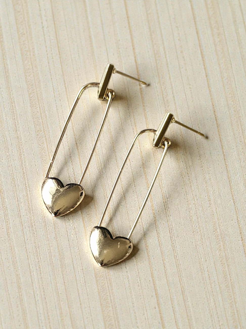 Golden Heart Paperclip Style Dangle Stud Earrings on Gold Post Stud