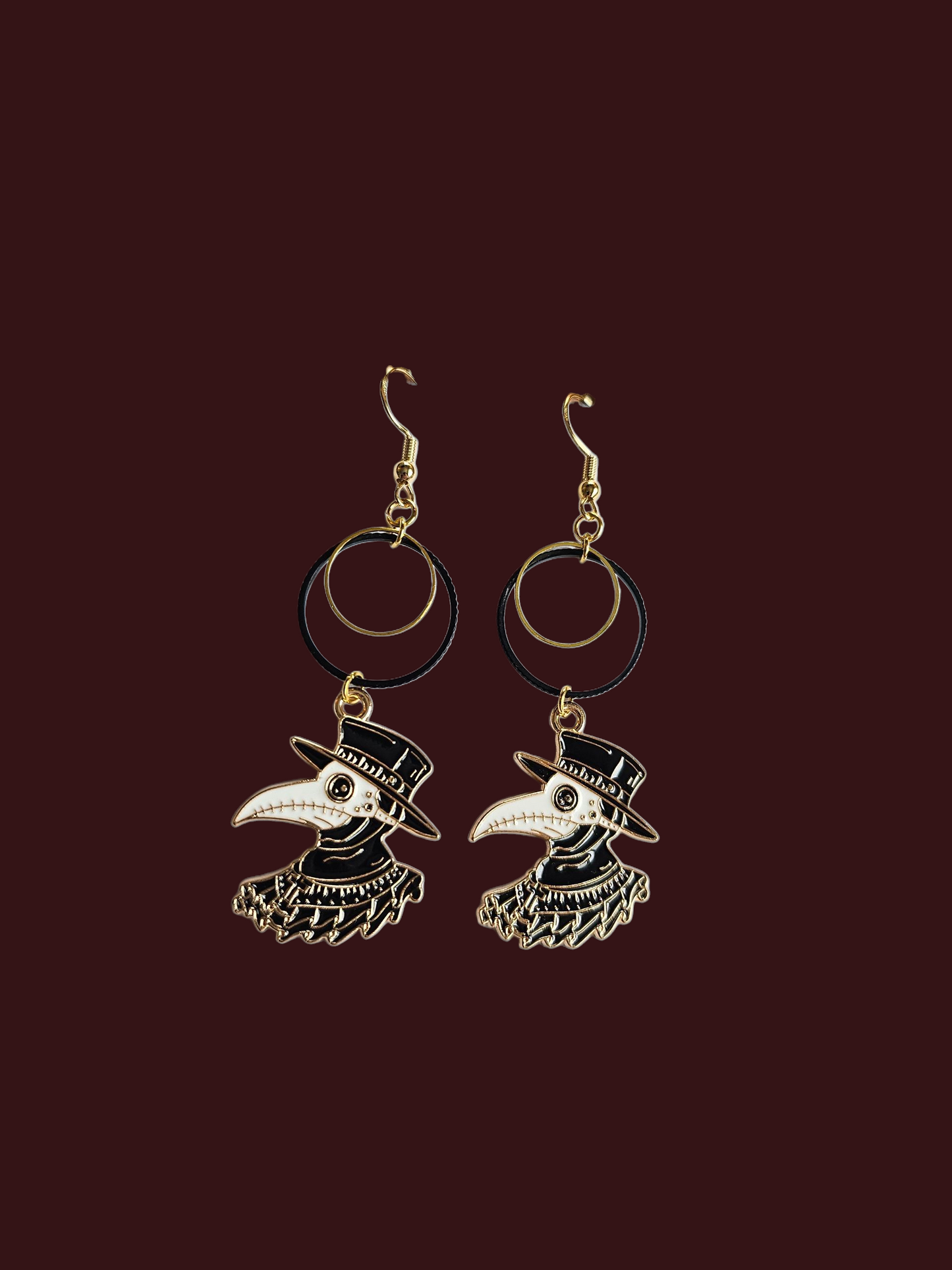 Plague Doctor Gold and Black Dangle Earrings