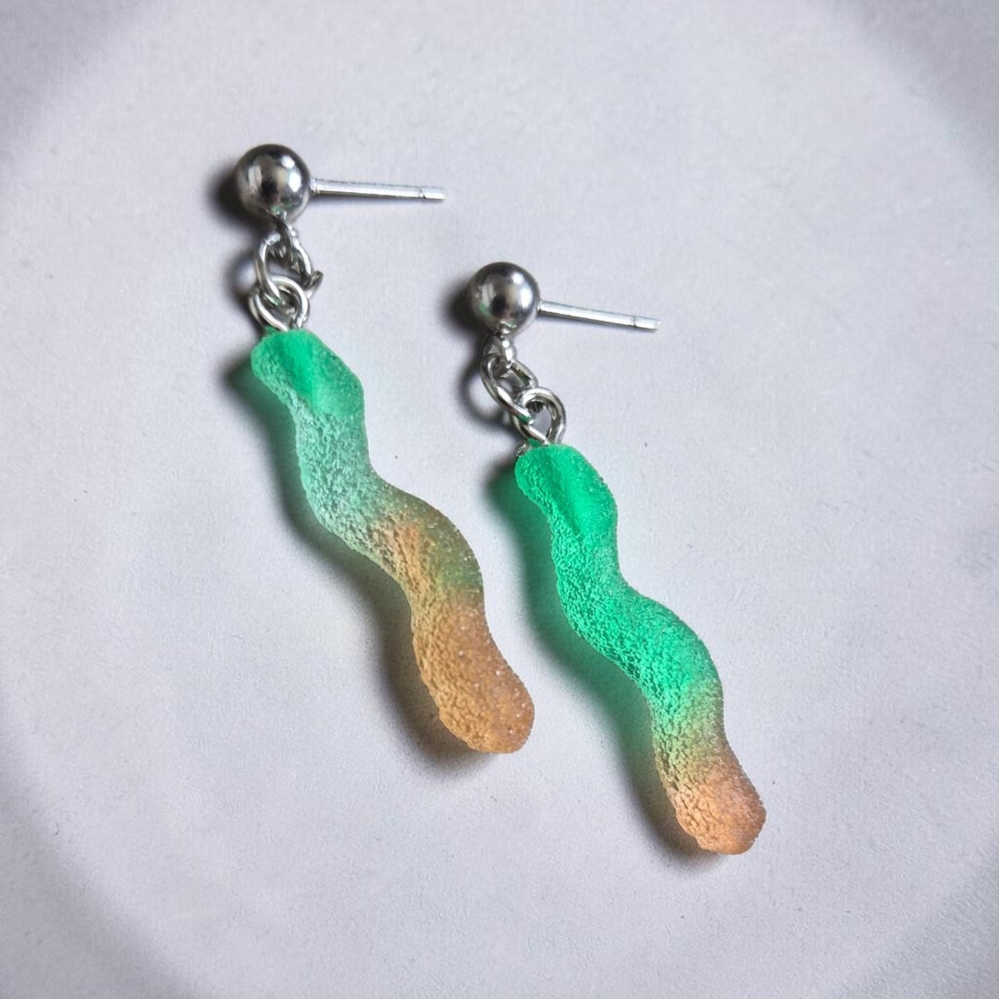 Gummy Worms on Silver Stud Earrings