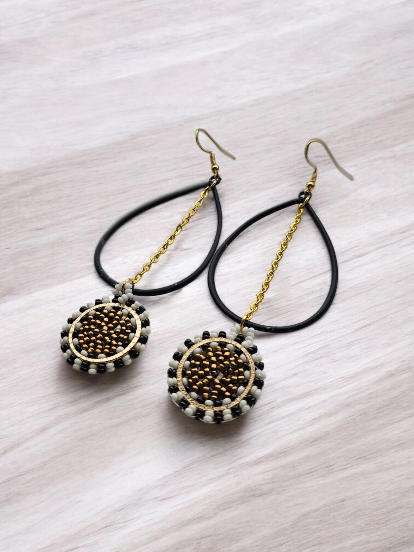 Black and Gold Upcycled Beaded Teardrop Earrings