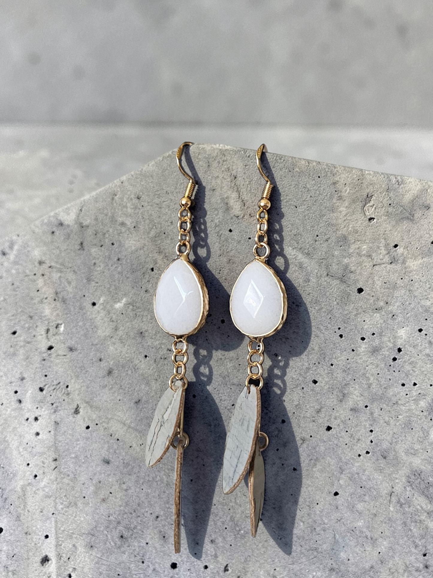 Milky Quartz Teardrops with Upcycled Leather Feathers on Golden Dangle Earrings
