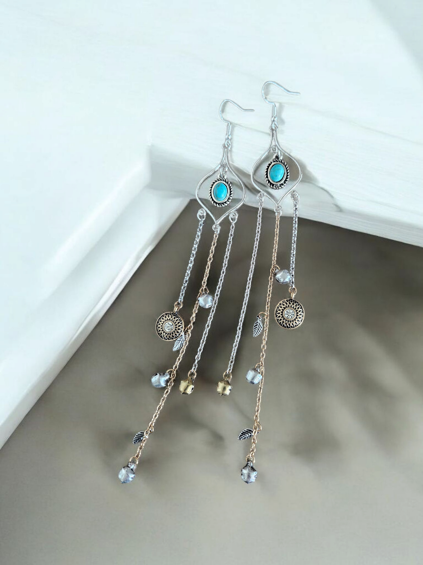 Upcycled Silver, Gold, and Teal Bell Tassles Long Dangle Earrings