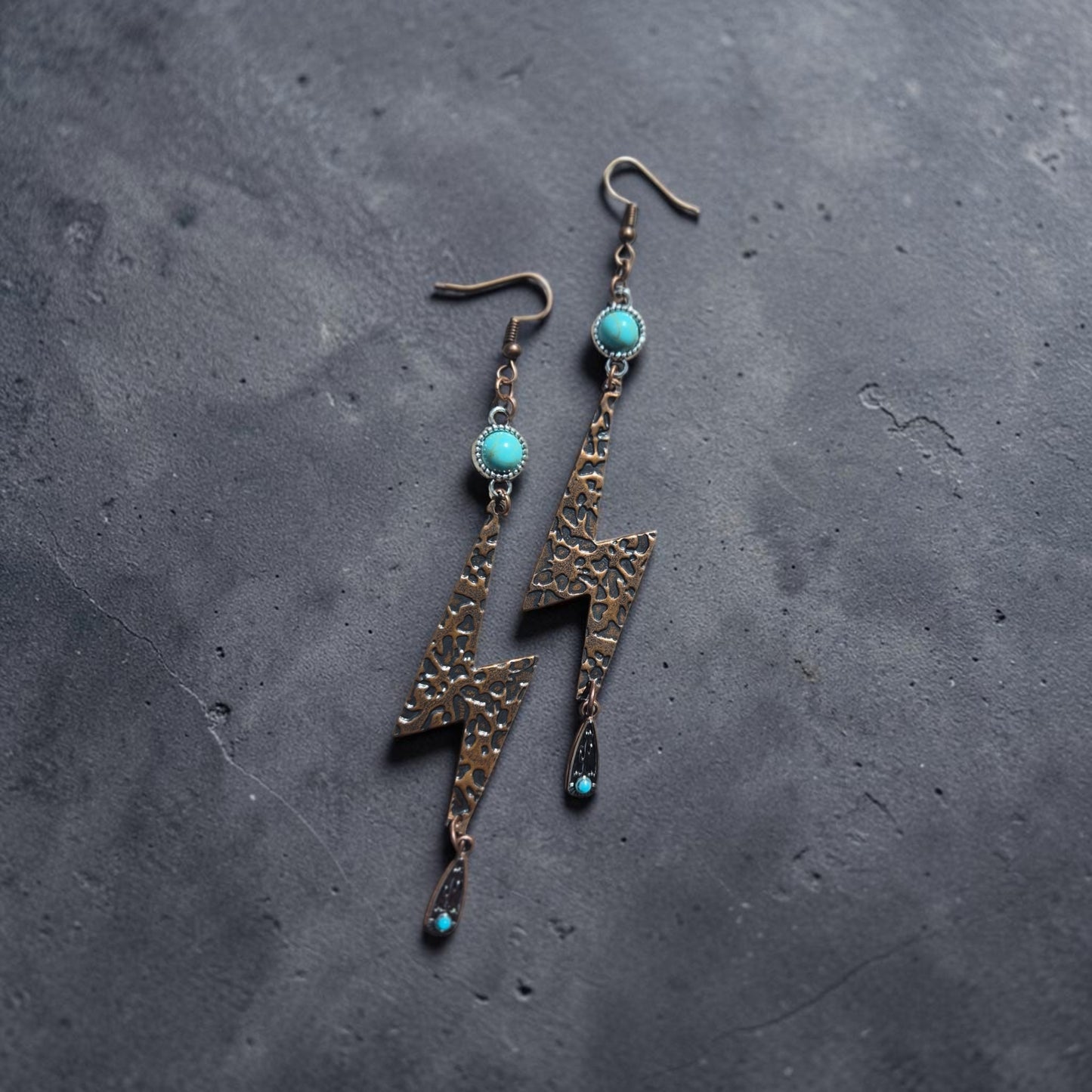 Copper and Turquoise Abstract Lightning Bolts Western Earrings