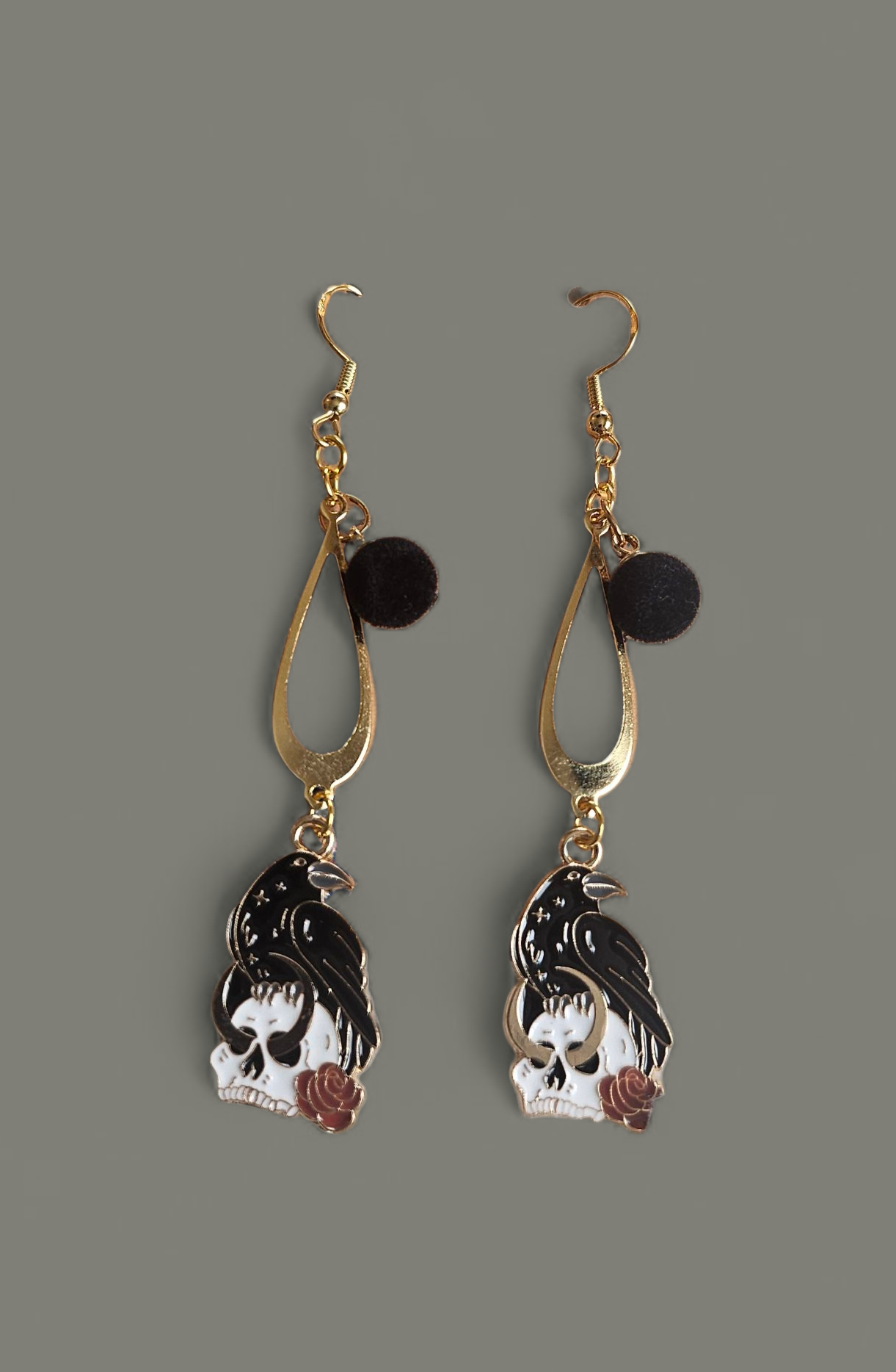 Gold and Black Raven Rose Dangle Earrings