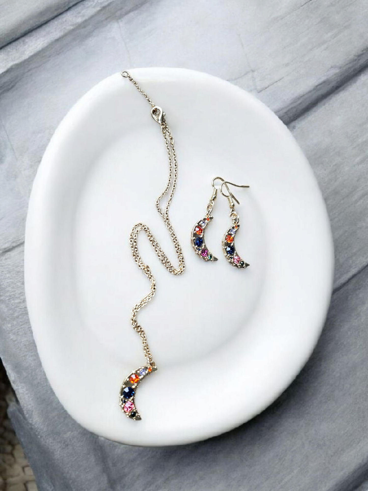 Glimmer Moons on Gold Earrings and Necklace Set