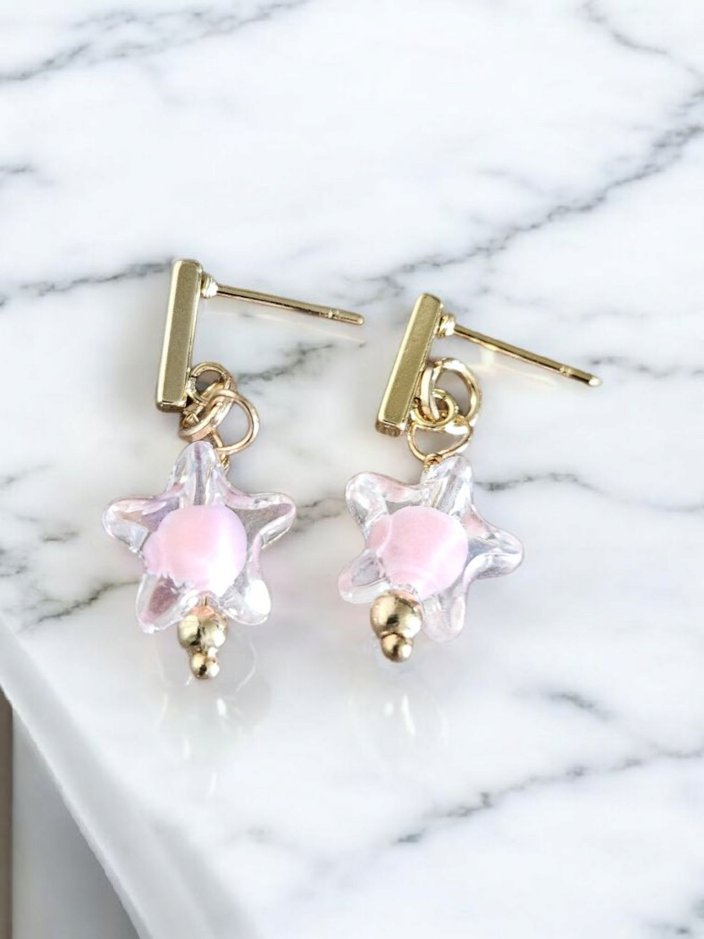 Light Pink Iridescent Stars on Gold Bar Stud Earrings