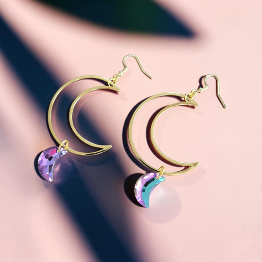 Golden Crescent Moons with Iridescent Moon Charms Dangle Earrings