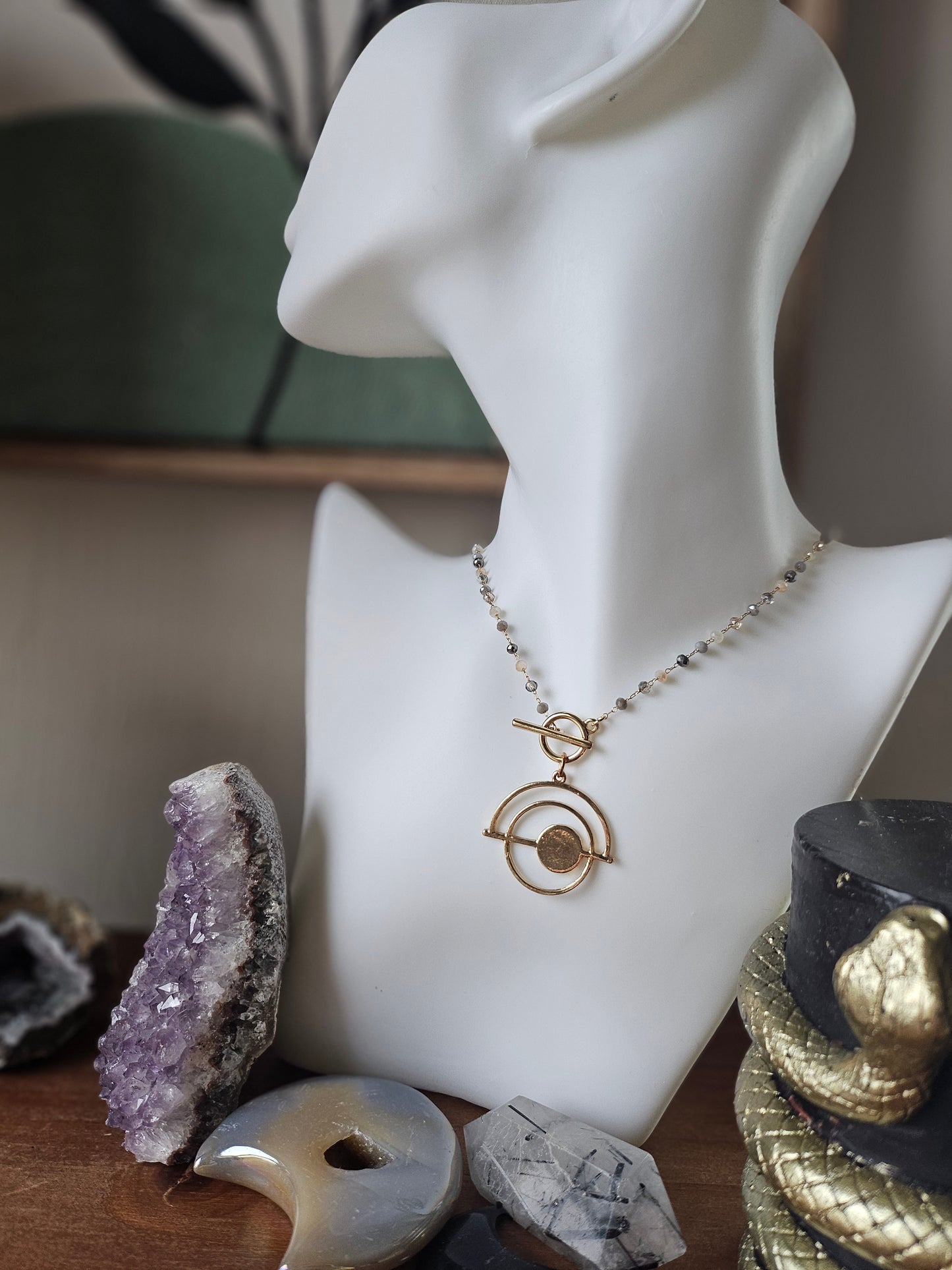 Gold Abstract Circles on Multicolor Shimmer Bead Necklace