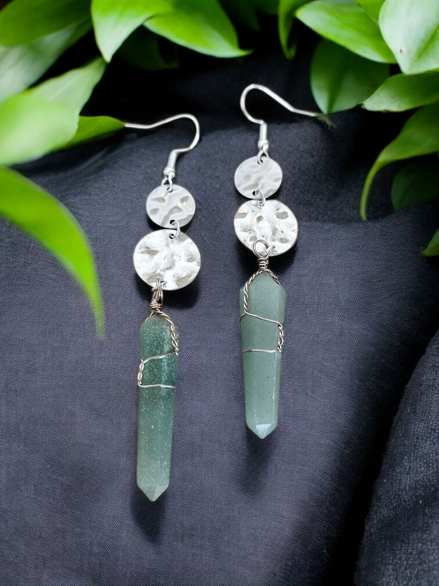Hammered Silver Circles with Large Aventurine Crystal Points Long Dangle Earrings